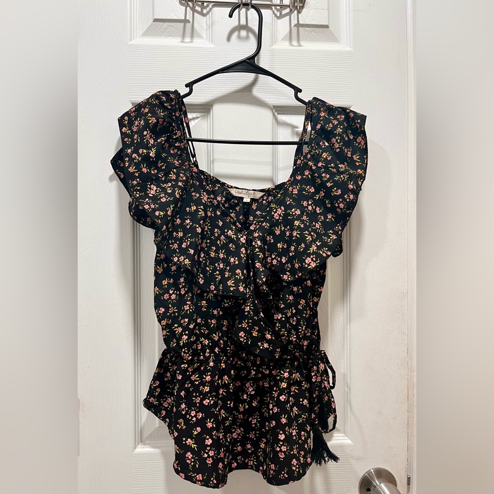 Black Floral Ruffle Blouse- Womens Size S!!!